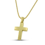 Ανδρικός σταυρός χρυσός Κ14, διπλής όψης, σε λεπτή αλυσίδα.