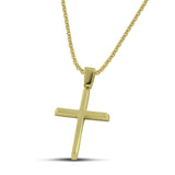 Χρυσός σταυρός βάπτισης Κ14 για αγόρι, διπλής όψης λουστράτος, φορεμένος σε λεπτή αλυσίδα. 
