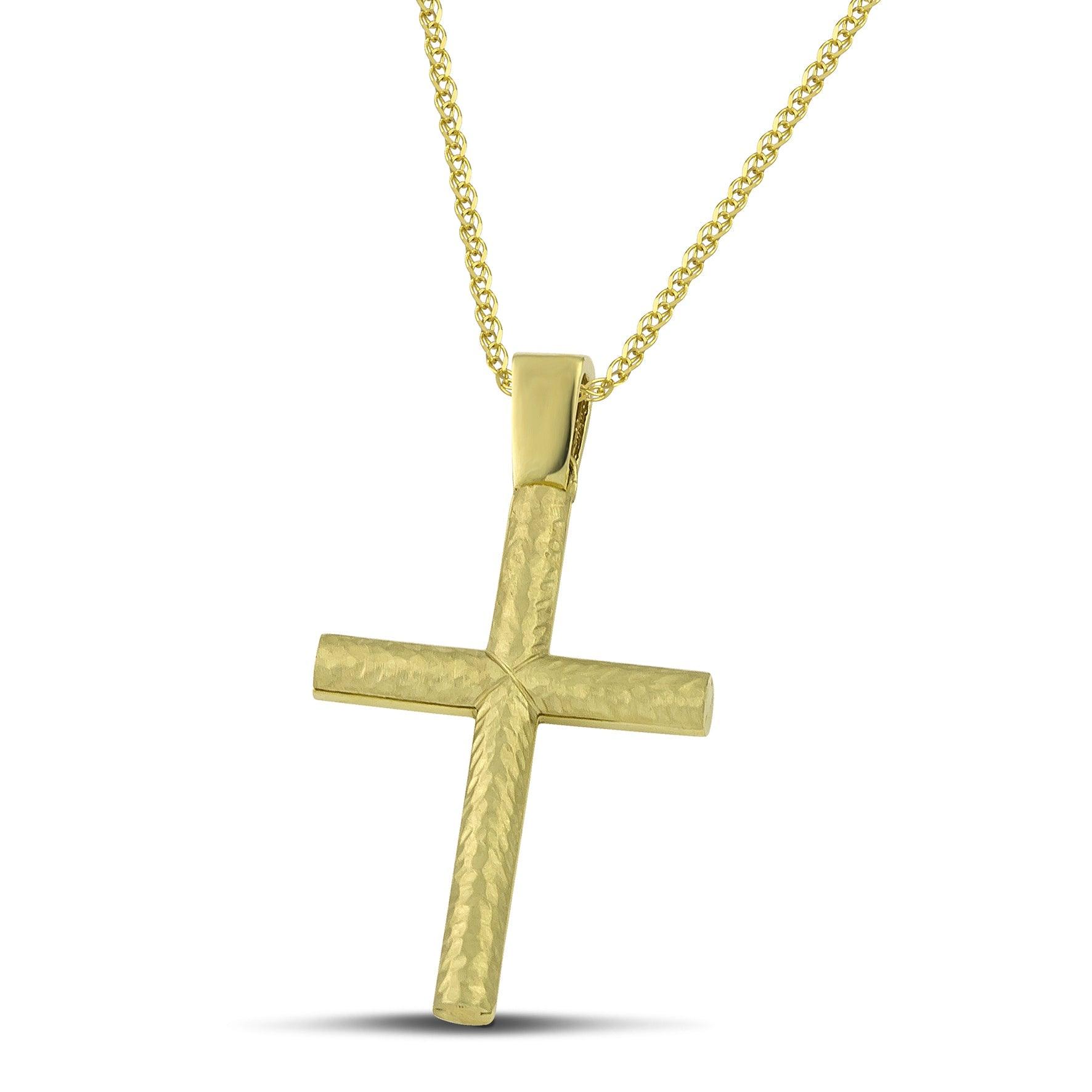 Σταυρός βάπτισης από χρυσό Κ14 για αγόρι, διπλής όψης, με πλεκτή αλυσίδα. 