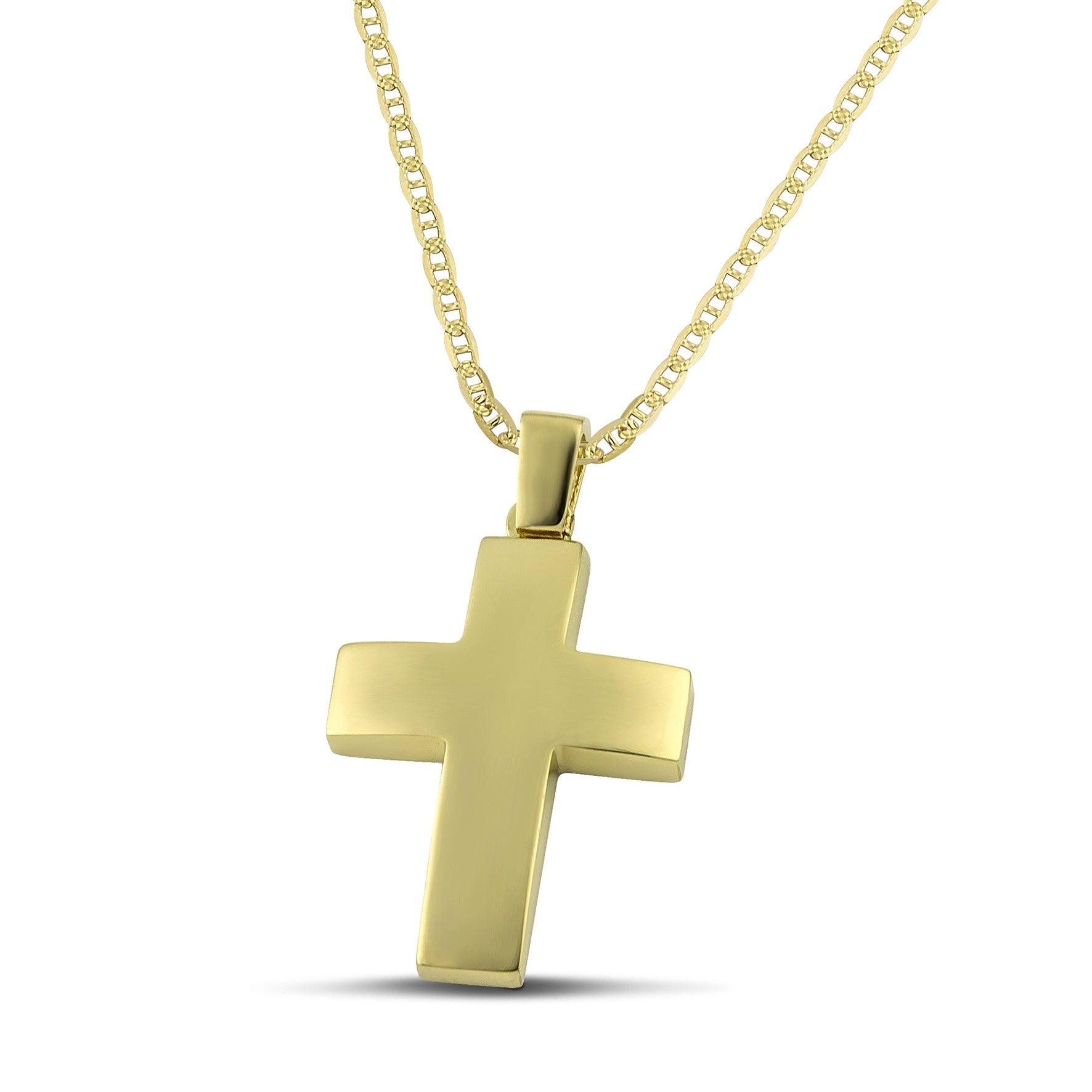 Αντρικός σταυρός διπλής όψης, από χρυσό Κ14 λουστράτος, με «θ» αλυσίδα. 