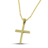 Χρυσός σταυρός βάπτισης Κ14 για αγόρι, διπλής όψης λουστράτος, φορεμένος σε «Θ» αλυσίδα. 