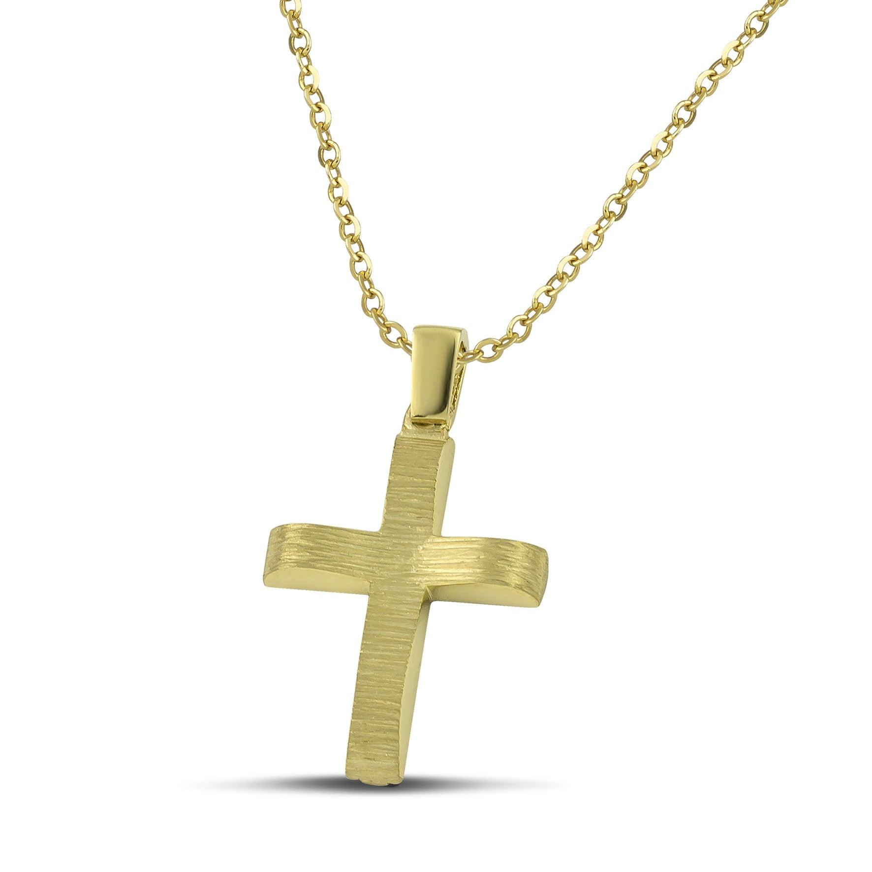 Μοντέρνος βαπτιστικός σταυρός χρυσός Κ14 για αγόρι, διπλής όψης, σαγρέ, σε λεπτή αλυσίδα. 
