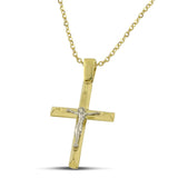 Μοντέρνος σταυρός από χρυσό Κ14 για αγόρι, με τον Εσταυρωμένο με λεπτή αλυσίδα.