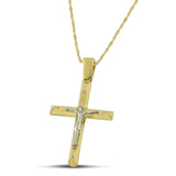 Μοντέρνος σταυρός από χρυσό Κ14 για αγόρι, με τον Εσταυρωμένο με λεπτή, στριφτή αλυσίδα.