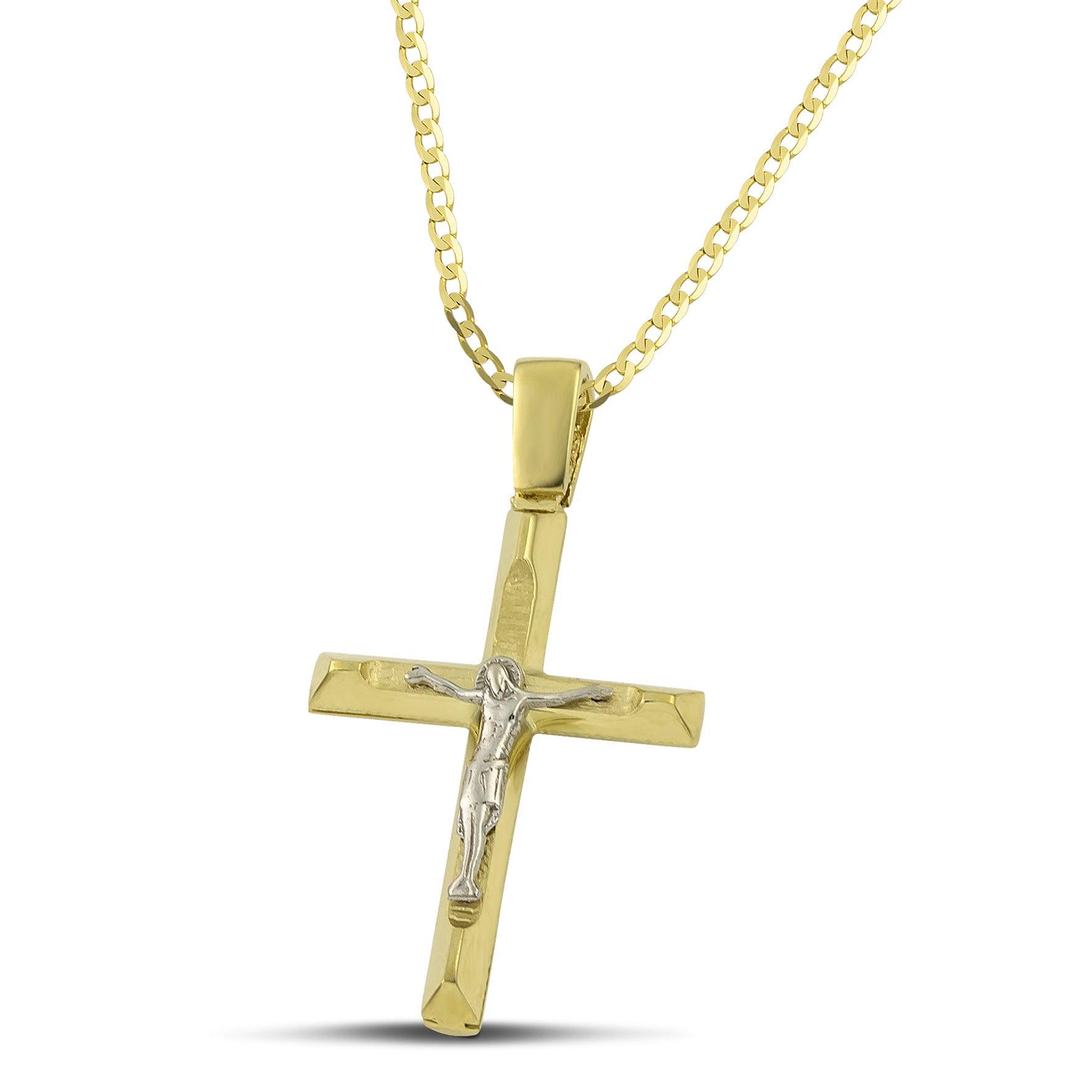Μοντέρνος σταυρός από χρυσό Κ14 για αγόρι, με τον Εσταυρωμένο με κλασσική αλυσίδα.