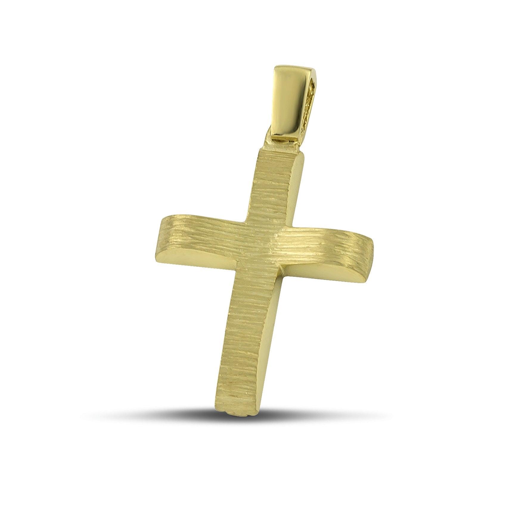 Μοντέρνος βαπτιστικός σταυρός χρυσός Κ14 για αγόρι, διπλής όψης, σαγρέ. 