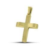 Μοντέρνος βαπτιστικός σταυρός χρυσός Κ14 για αγόρι, διπλής όψης, σαγρέ, σε μοντέλο.