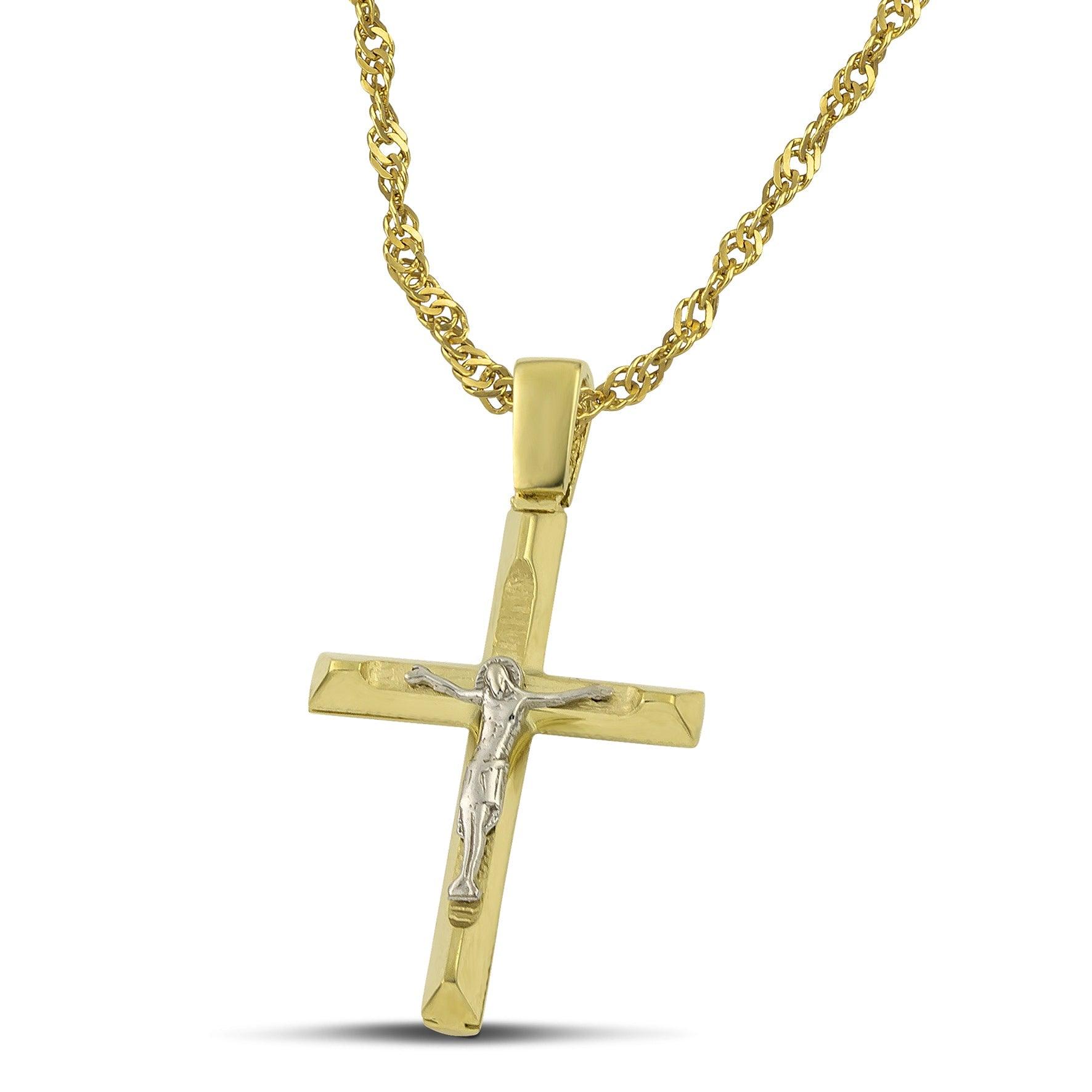 Μοντέρνος σταυρός από χρυσό Κ14 για αγόρι, με τον Εσταυρωμένο με πλεκτή αλυσίδα.