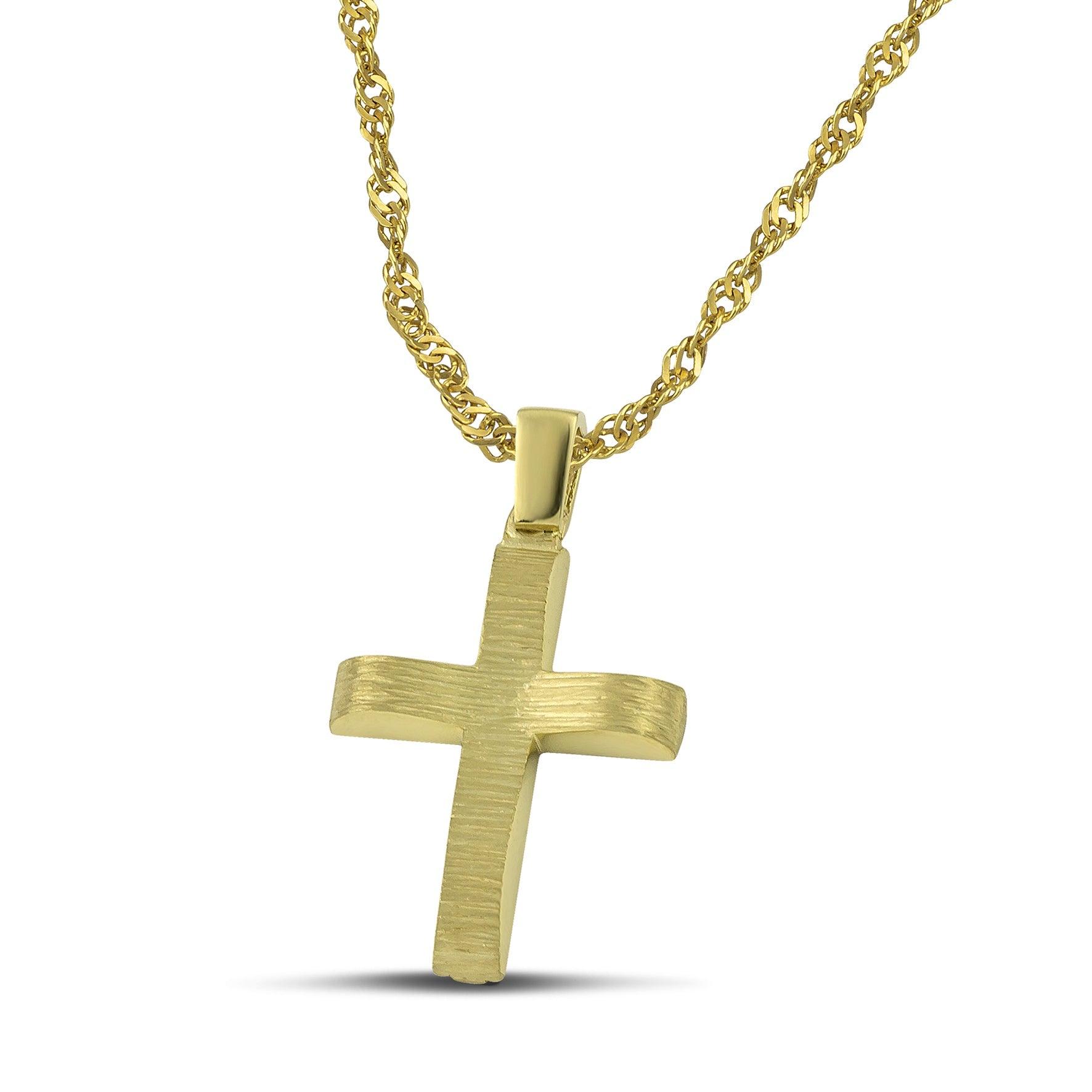 Μοντέρνος βαπτιστικός σταυρός χρυσός Κ14 για αγόρι, διπλής όψης, σαγρέ, σε χοντρή αλυσίδα. 
