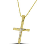 Μοντέρνος σταυρός από χρυσό Κ14 για αγόρι, με τον Εσταυρωμένο με λεπτή αλυσίδα.