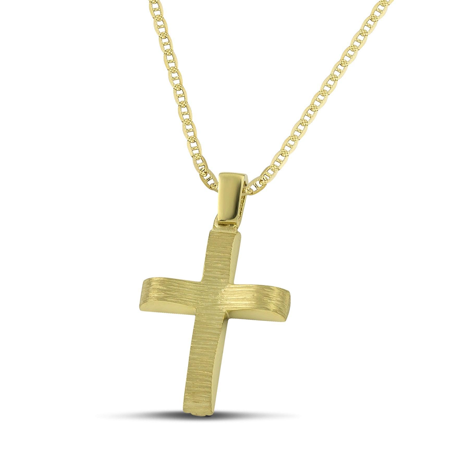 Μοντέρνος βαπτιστικός σταυρός χρυσός Κ14 για αγόρι, διπλής όψης, σαγρέ, σε «θ» αλυσίδα. 