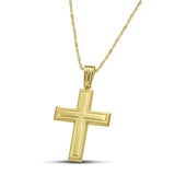 Χρυσός σταυρός 14 καρατίων γυαλιστερός με ματ πλαίσιο με λεπτή, στριφτή αλυσίδα. 