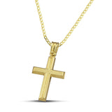 Μοντέρνος σταυρός για αγόρι από χρυσό Κ14 ανάγλυφος, φορεμένος σε κλασσική αλυσίδα. 