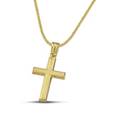 Μοντέρνος σταυρός για αγόρι από χρυσό Κ14 ανάγλυφος, φορεμένος σε πυκνή αλυσίδα. 