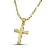 Μοντέρνος σταυρός για αγόρι από χρυσό Κ14 ανάγλυφος, φορεμένος σε πλεκτή αλυσίδα. 