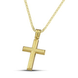 Μοντέρνος σταυρός για αγόρι από χρυσό Κ14 ανάγλυφος, φορεμένος σε «Θ» αλυσίδα. 