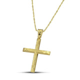 Χειροποίητος αντρικός σταυρός βάπτισης σαγρέ, κατασκευασμένος από χρυσό 14 καρατίων. Φορεμένος σε λεπτή στριφτή αλυσίδα.