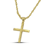 Χειροποίητος αντρικός σταυρός βάπτισης σαγρέ, κατασκευασμένος από χρυσό 14 καρατίων. Φορεμένος σε χρυσή αλυσίδα.