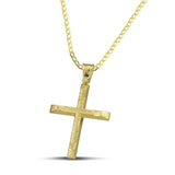 Χειροποίητος αντρικός σταυρός βάπτισης σαγρέ, κατασκευασμένος από χρυσό 14 καρατίων. Φορεμένος σε κλασσική αλυσίδα.