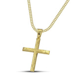 Χειροποίητος αντρικός σταυρός βάπτισης σαγρέ, κατασκευασμένος από χρυσό 14 καρατίων. Φορεμένος σε χρυσή αλυσίδα.