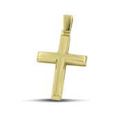 Ανδρικός σταυρός βάπτισης χρυσός Κ14, με λουστράτη επιφάνεια φορεμένος  σε μοντέλο.