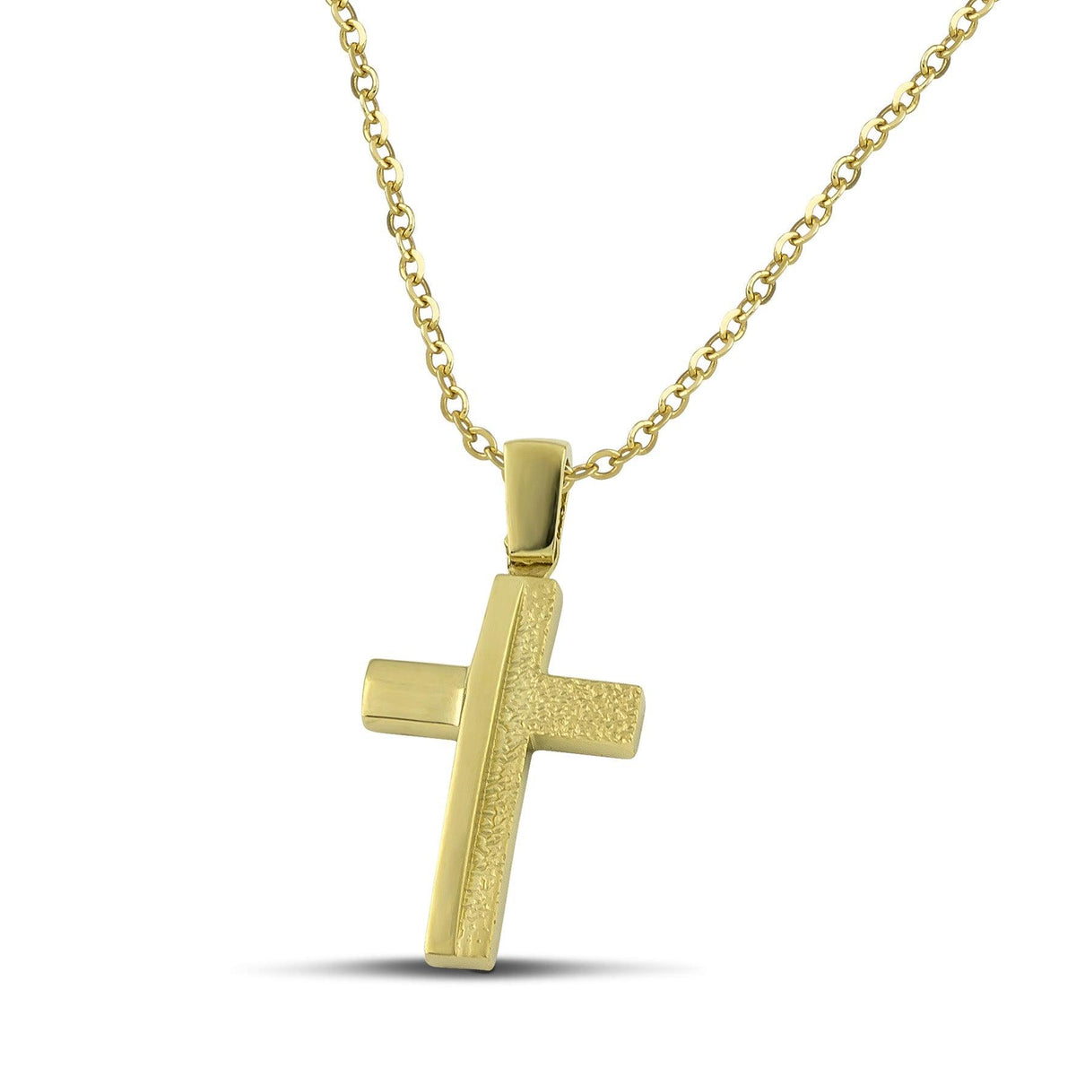 Ανδρικός βαπτιστικός σταυρός MCS069 από χρυσό 14Κ με σαγρέ και λουστράτες άνισες επιφάνειες, με αλυσίδα 4 Ρολό 2 με στρογγυλεμένους κρίκους.