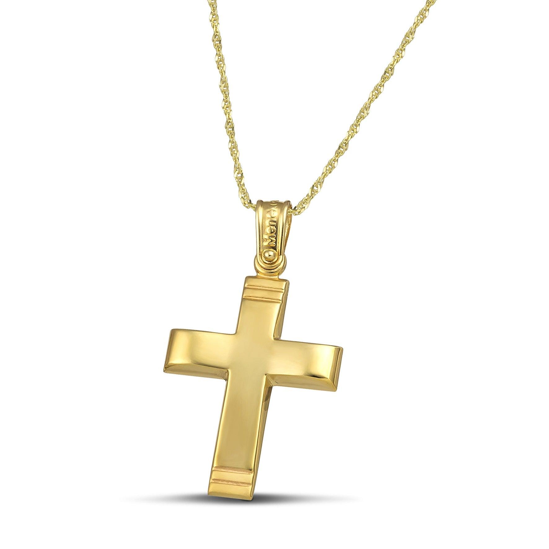 Χρυσός σταυρός Κ14 μίνιμαλ, λουστράτος. Φορεμένος σε λεπτή, στριφτή αλυσίδα.