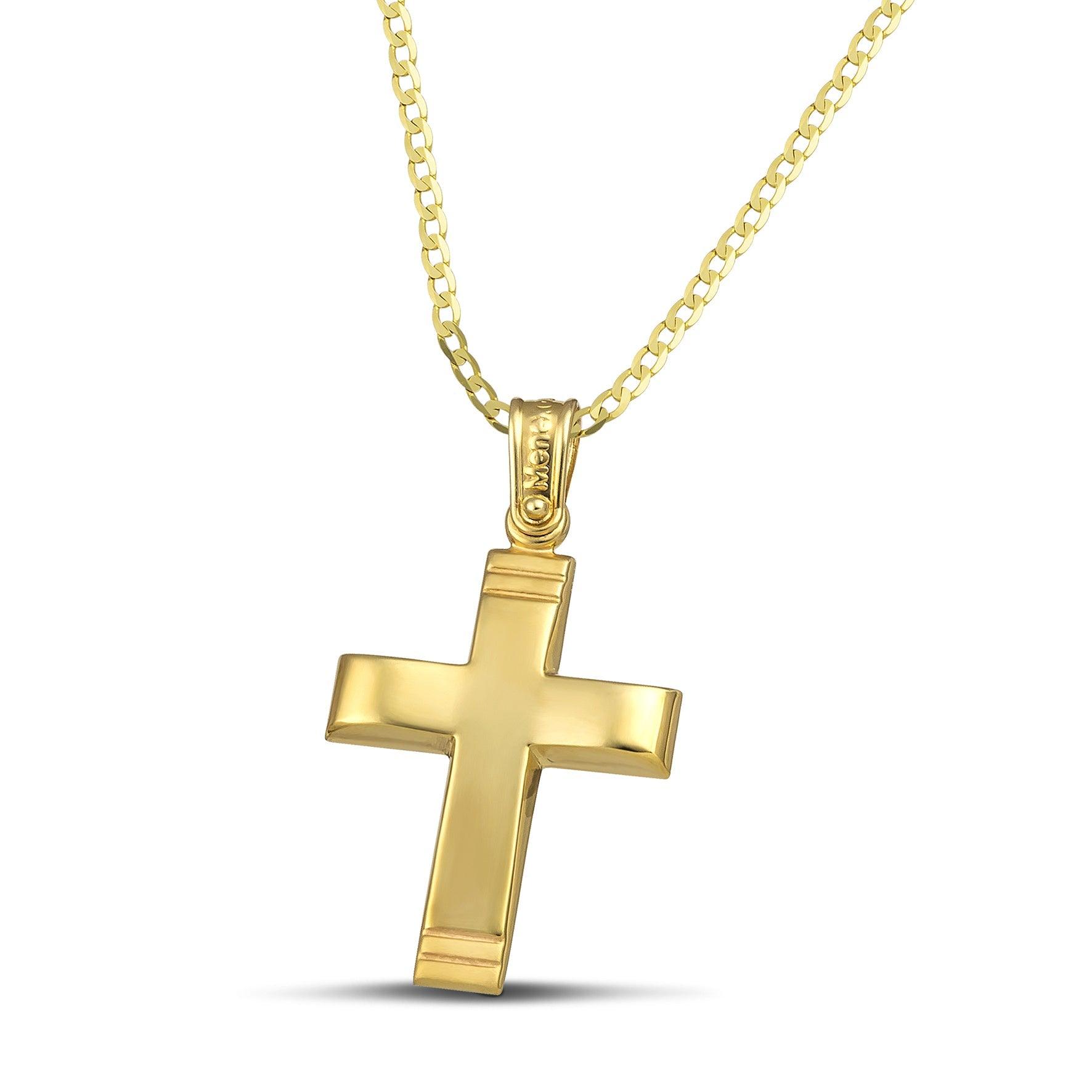 Χρυσός σταυρός Κ14 μίνιμαλ, λουστράτος. Φορεμένος σε κλασσική αλυσίδα.