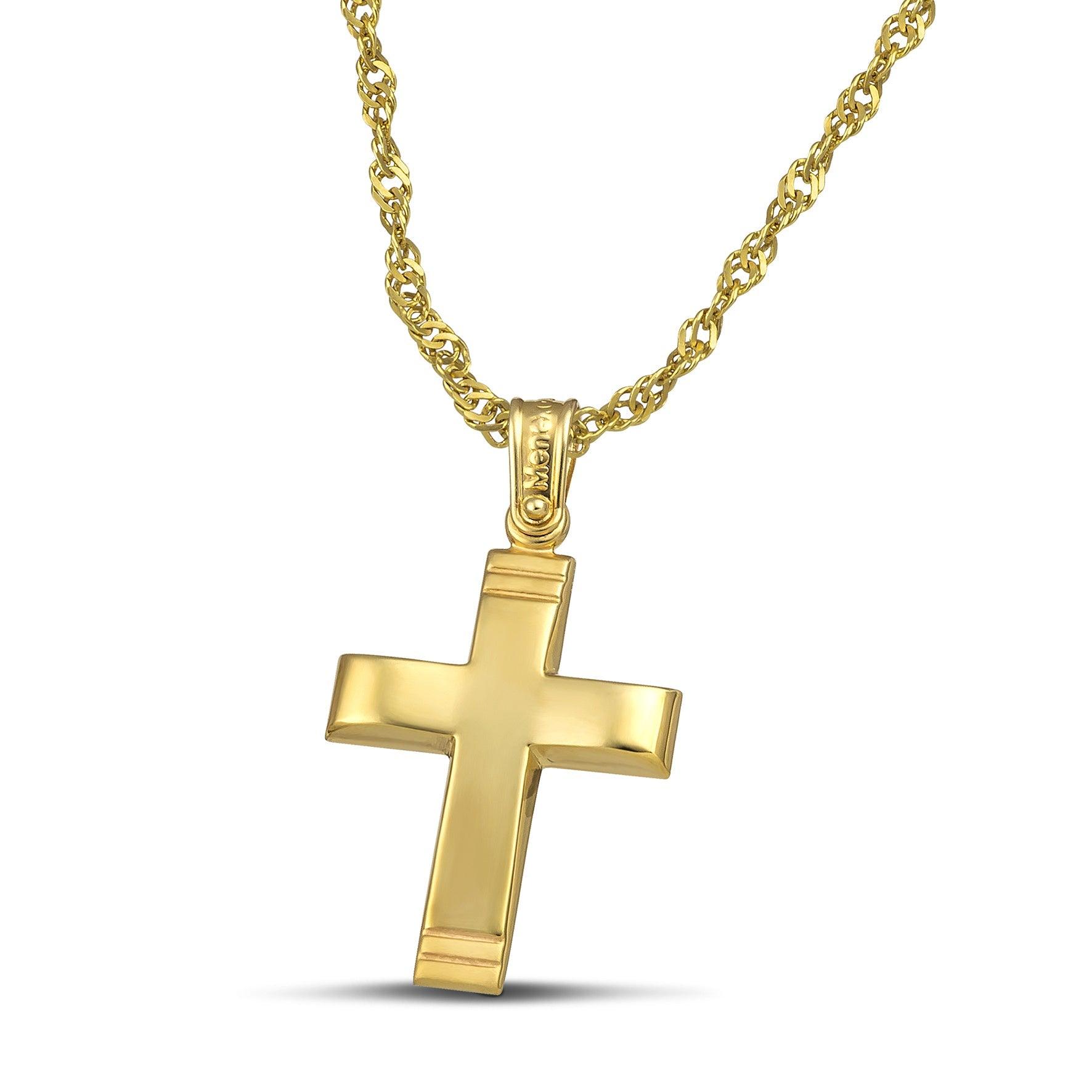 Χρυσός σταυρός Κ14 μίνιμαλ, λουστράτος. Φορεμένος σε πλεκτή αλυσίδα.