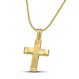 Χρυσός σταυρός Κ14 μίνιμαλ, λουστράτος. Φορεμένος σε χοντρή αλυσίδα.