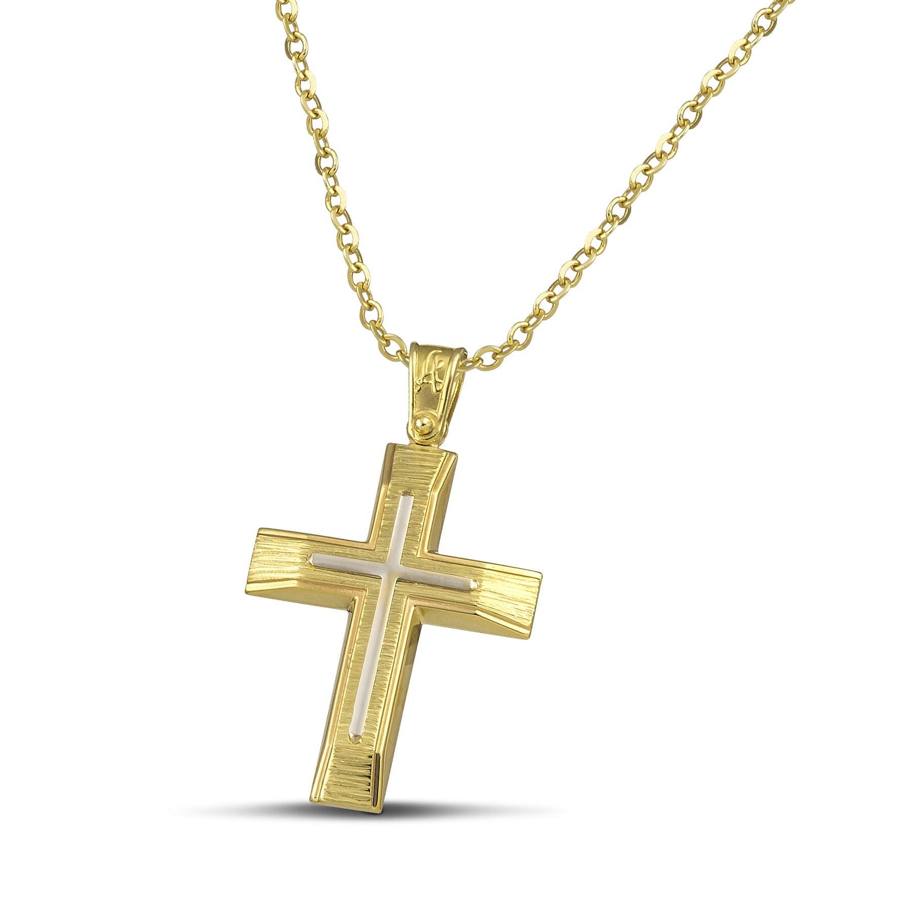 Χρυσός βαφτιστικός σταυρός Κ14 για άντρα με λευκόχρυσο σαγρέ, σε λεπτή αλυσίδα.