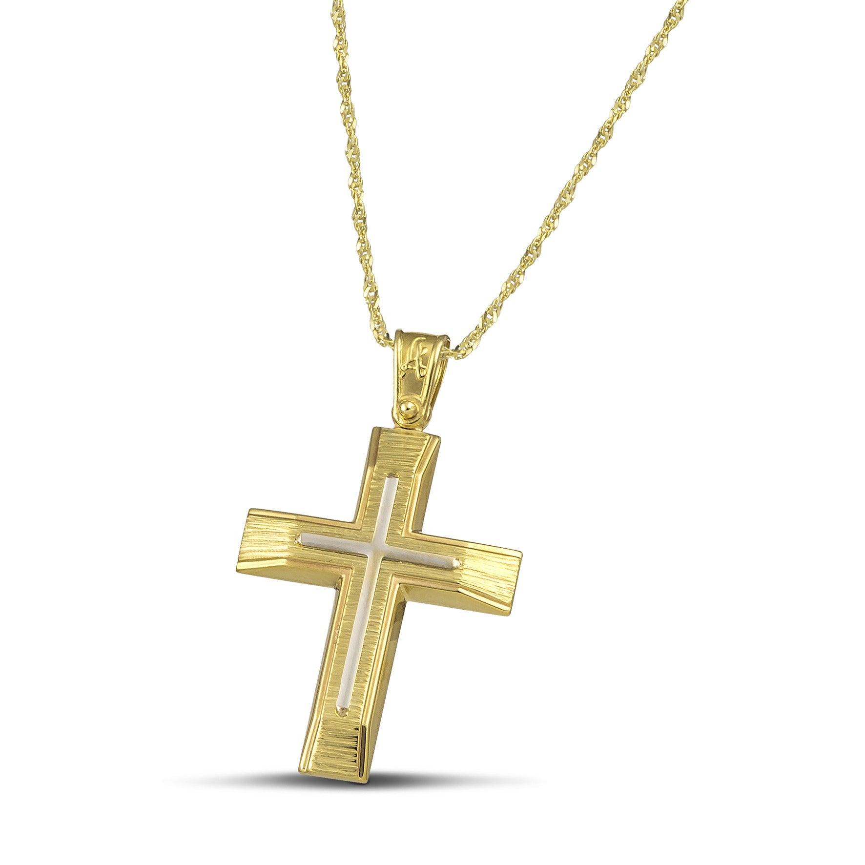 Χρυσός βαφτιστικός σταυρός Κ14 για άντρα με λευκόχρυσο σαγρέ, σε λεπτή, στριφτή αλυσίδα.