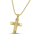 Χρυσός βαφτιστικός σταυρός Κ14 για άντρα με λευκόχρυσο σαγρέ, σε λεπτή αλυσίδα.