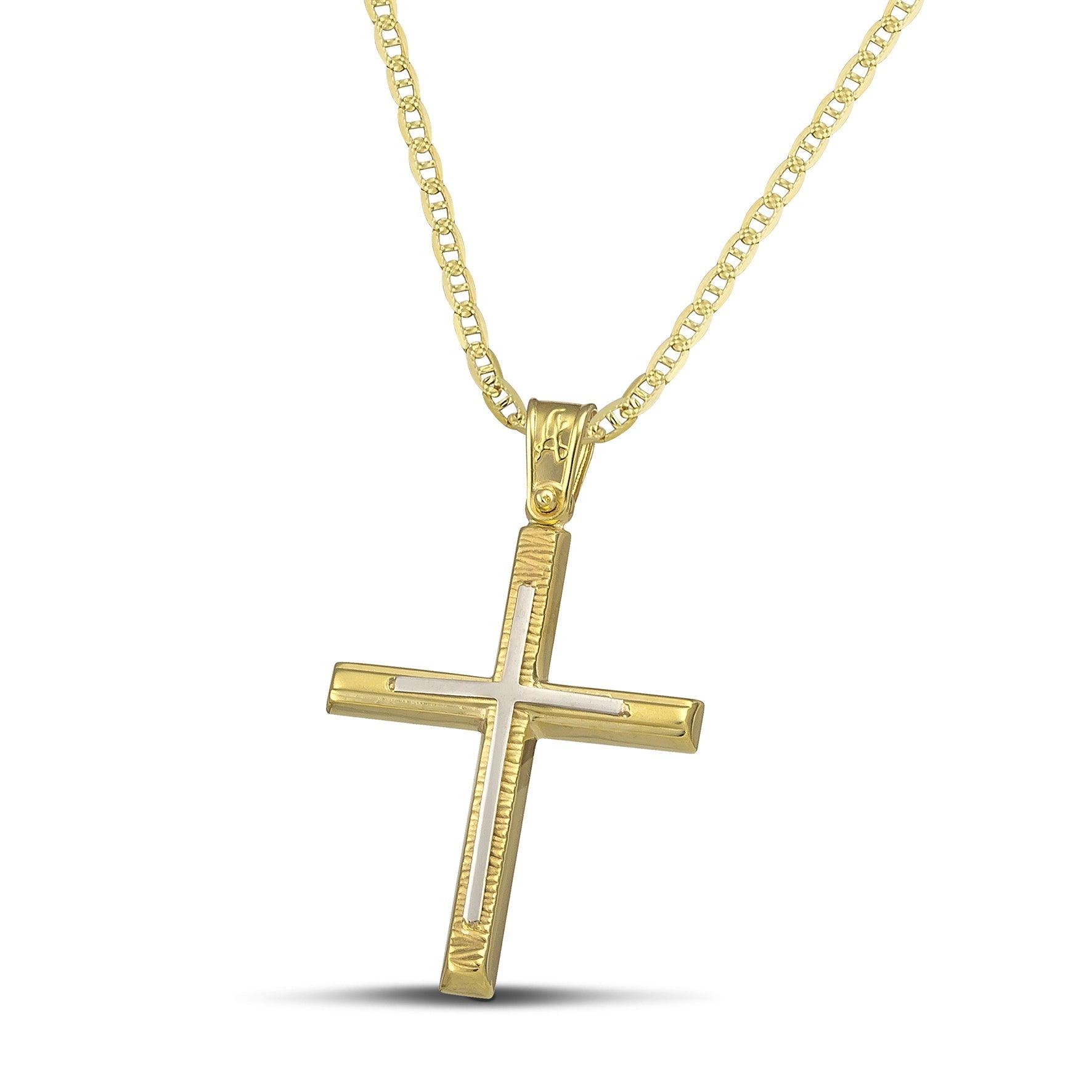 Χρυσός σταυρός Κ14 για άντρα, με ανάγλυφη όψη και λευκόχρυσο. Φορεμένος σε «Θ» αλυσίδα.