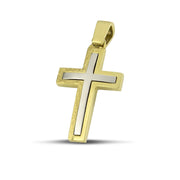 Ανδρικός χρυσός σταυρός βάπτισης Κ14 Διπλής Όψεως φορεμένος σε μοντέλο.