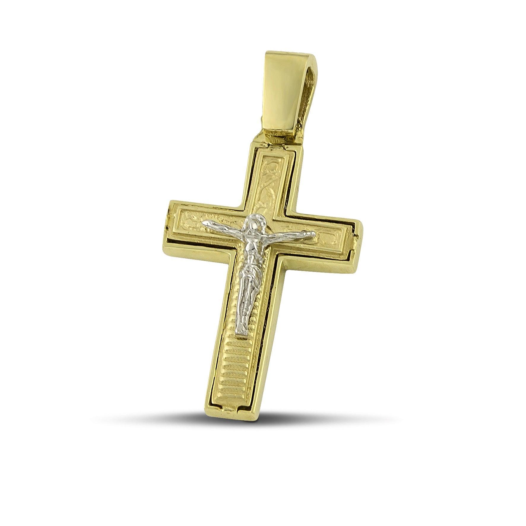 Ανδρικός χρυσός σταυρός βάπτισης Κ14 Διπλής Όψεως με τον Εσταυρωμένο.