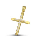 Χρυσός σταυρός βάπτισης Κ14 για άντρα με σκαλιστά σχέδια και λευκόχρυσο σταυρό.