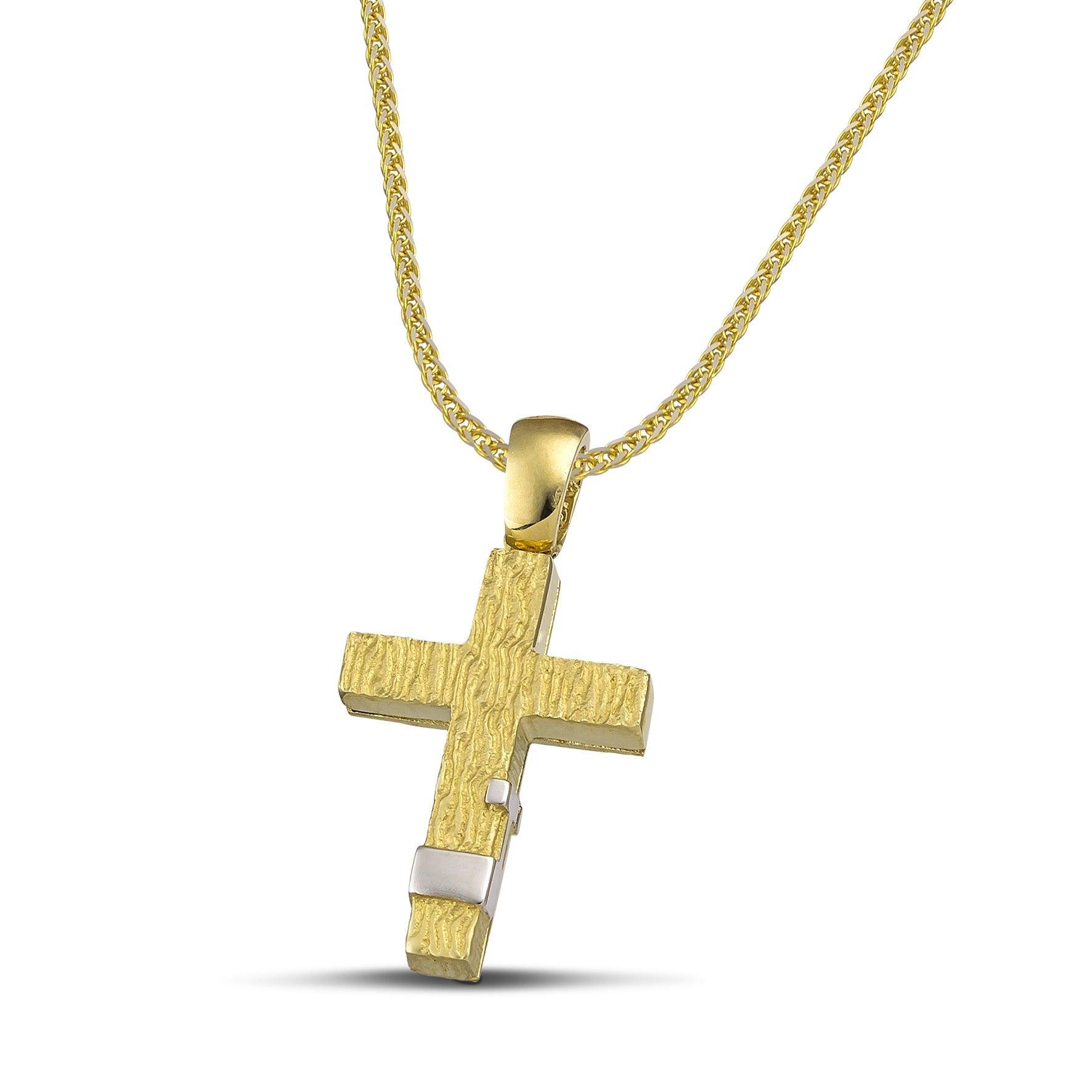 Μοντέρνος βαπτιστικός σταυρός για αγόρι από χρυσό Κ14. Πιστοποιημένη χειροποίηση κατασκευή, φορεμένη σε παχιά αλυσίδα.