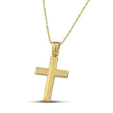 Βαπτιστικός σταυρός από χρυσό Κ14 για άντρα. Κλασσικό σχέδιο με ματ γραμμή και λεπτή, στριφτή αλυσίδα.
