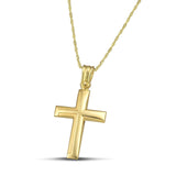 Ανδρικός σταυρός από χρυσό Κ14 με ματ. Χειροποίητο κόσμημα με λεπτή, στριφτή αλυσίδα.