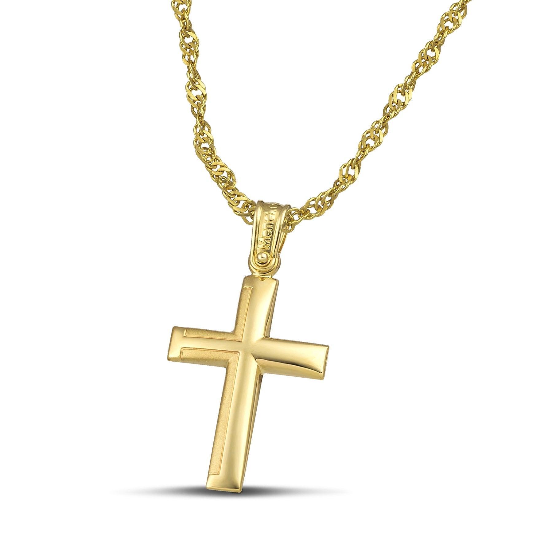 Ανδρικός σταυρός από χρυσό Κ14 με ματ. Χειροποίητο κόσμημα με χοντρή πλεκτή αλυσίδα. 