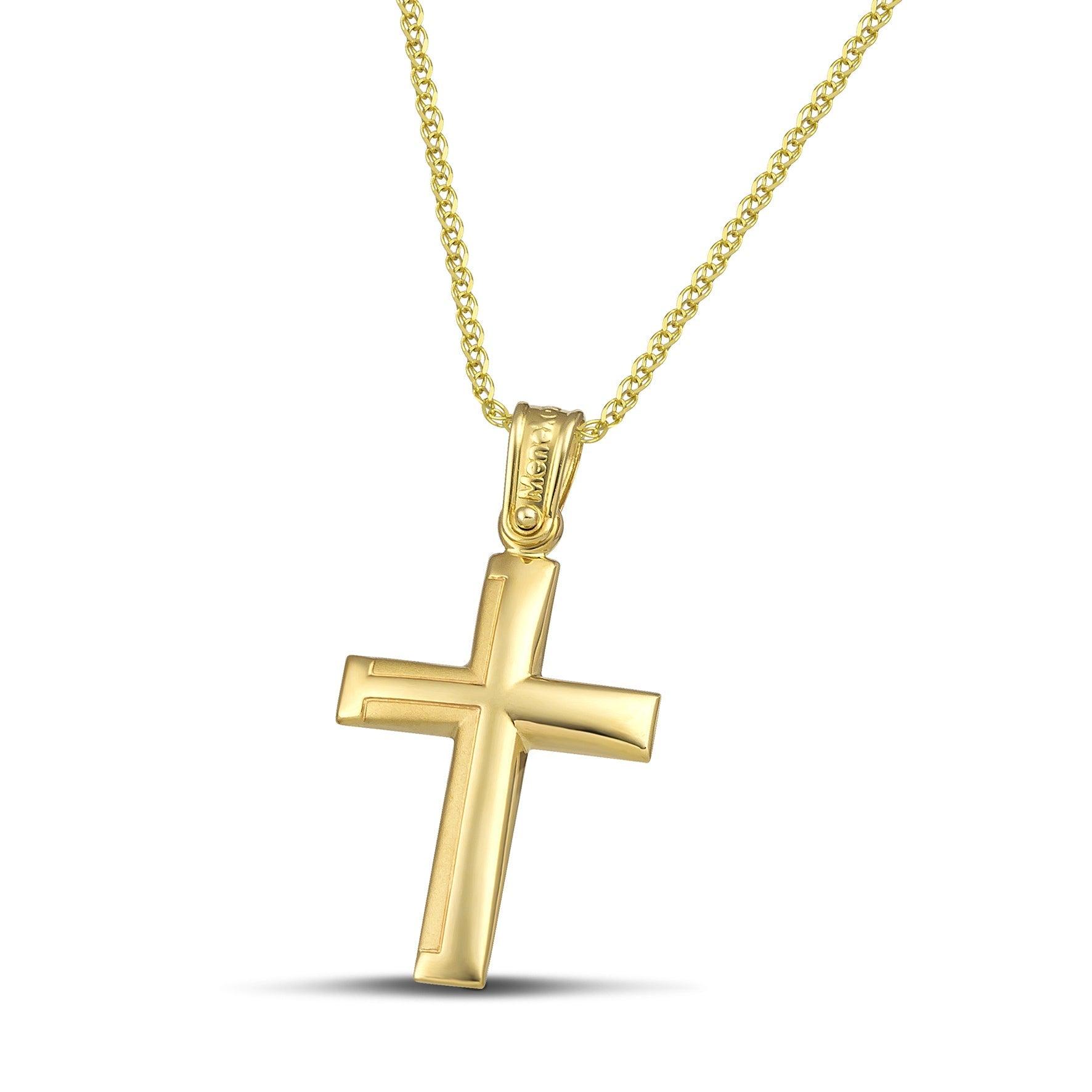 Ανδρικός σταυρός από χρυσό Κ14 με ματ. Χειροποίητο κόσμημα με λεπτή, πλεκτή αλυσίδα. 