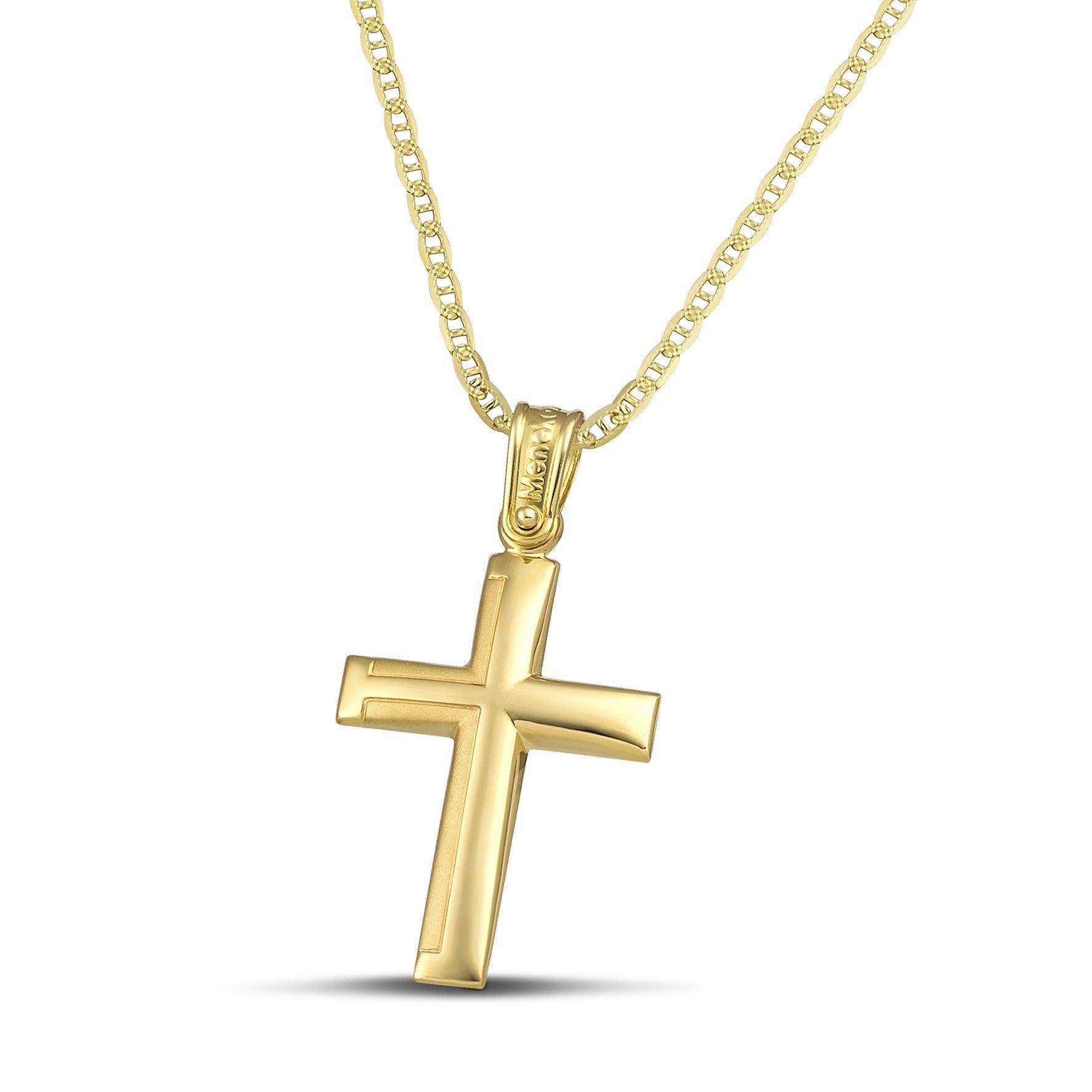 Ανδρικός σταυρός από χρυσό Κ14 με ματ. Χειροποίητο κόσμημα με «θ» αλυσίδα. 