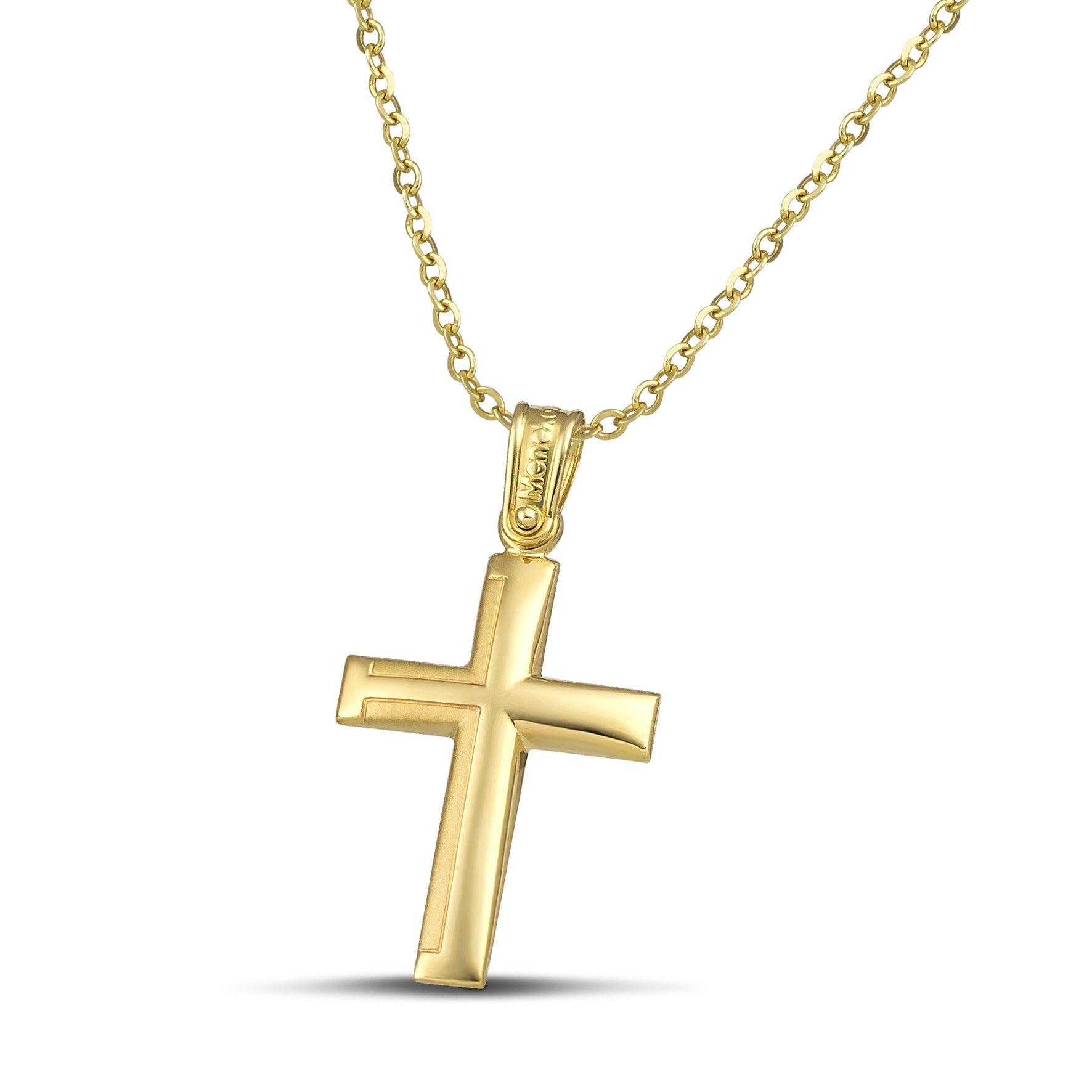 Ανδρικός σταυρός από χρυσό Κ14 με ματ. Χειροποίητο κόσμημα με λεπτή αλυσίδα με κρίκους.