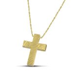 Ανδρικός σταυρός βάπτισης από χρυσό Κ14, ανάγλυφος, με λεπτή, στριφτή αλυσίδα.