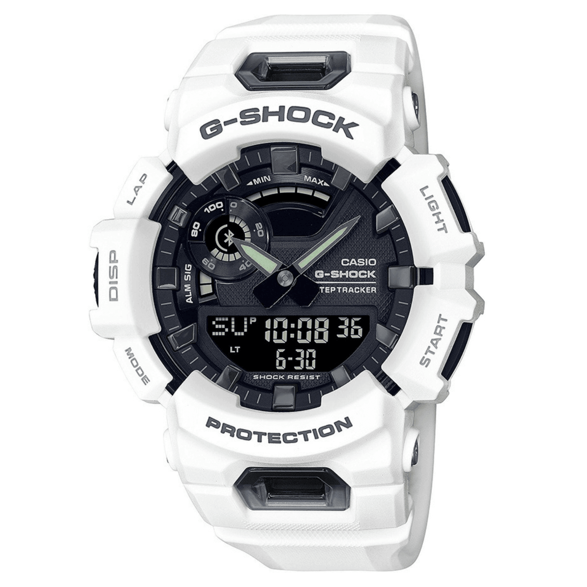 Καταδυτικό ρολόι χρονογράφος Casio G-Shock GBA-900-7AER με λευκό καουτσούκ λουράκι, μαύρο καντράν και στεγανότητα 20ATM-200Μ με λειτουργία bluetooth.