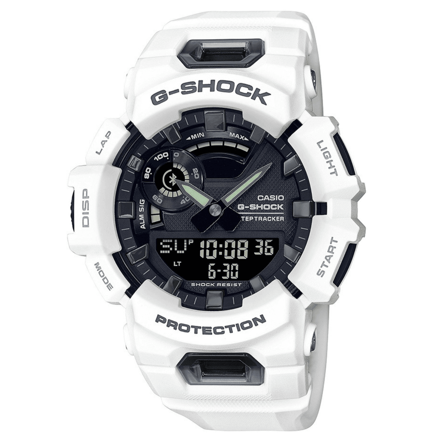 Καταδυτικό ρολόι χρονογράφος Casio G-Shock GBA-900-7AER με λευκό καουτσούκ λουράκι, μαύρο καντράν και στεγανότητα 20ATM-200Μ με λειτουργία bluetooth.