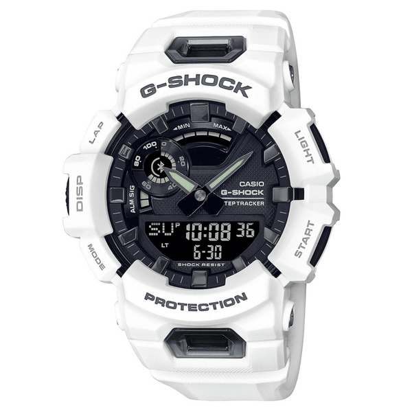 Καταδυτικό ρολόι χρονογράφος Casio G-Shock GBA-900-7AER με λευκό καουτσούκ λουράκι, μαύρο καντράν και στεγανότητα 20ATM-200Μ με λειτουργία bluetooth.