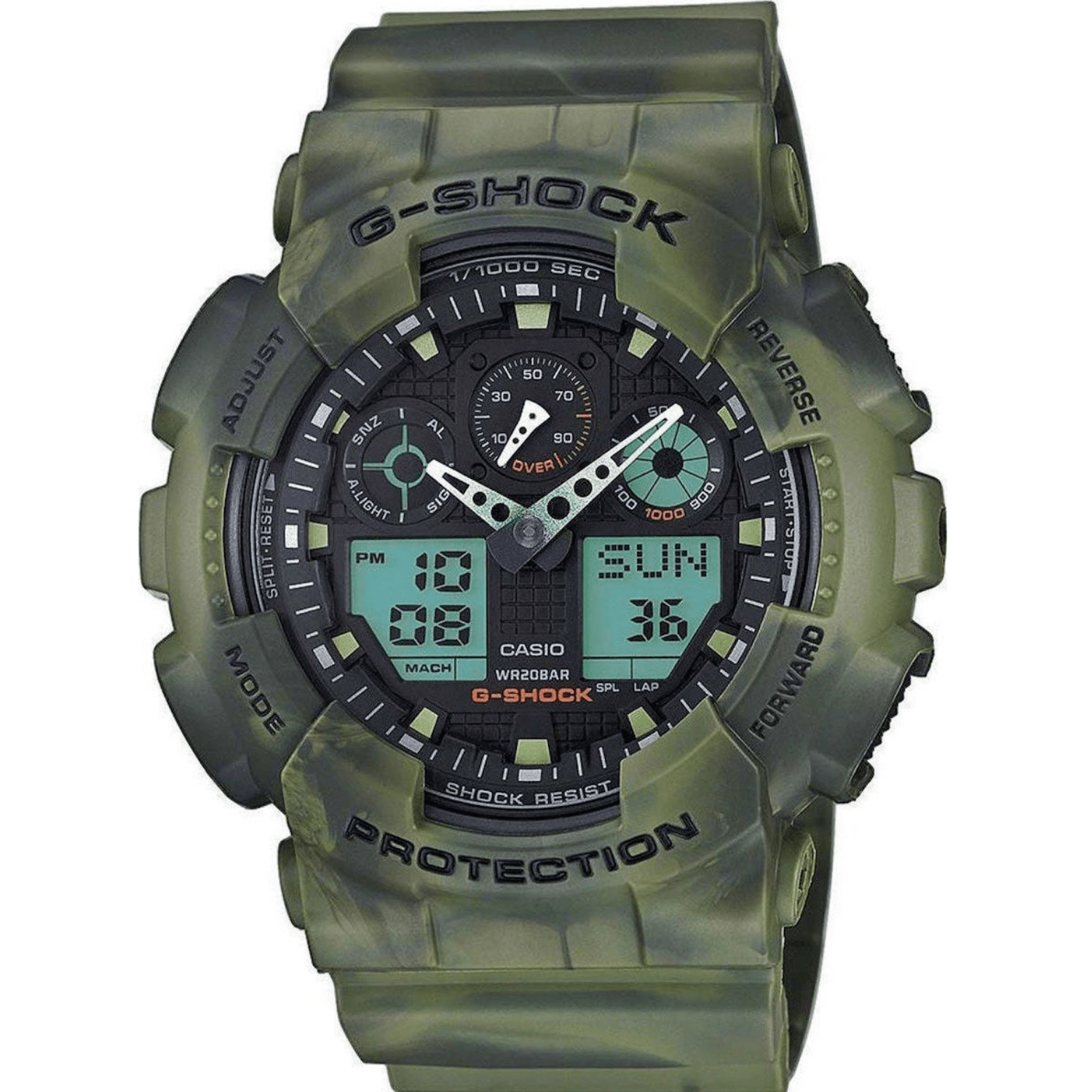 Καταδυτικό ρολόι χρονογράφος Casio G-Shock GA-100B-7AER με πράσινο στρατιωτικό λουράκι, μαύρο καντράν και στεγανότητα 20ATM-200Μ.