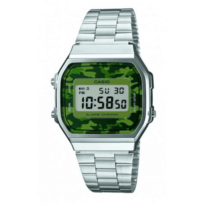 CASIO Vintage Silver Stainless Steel Green Bracelet Camo A-168WEC-3EF - themelidisjewels
